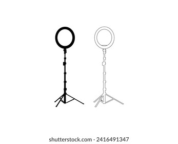 LED ring lamp on a tripod. Linear icon. Black simple illustration of light for selfie, blogger.