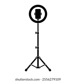 LED ring lamp on tripod with smartphone vector icon. Ideal for selfie, vlogging, and content creation. Black silhouette isolated on white background.