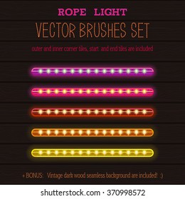 LED Rope Lights style vector pattern brushes set  with outer and inner corner tiles, end and start tiles, are located in the Brush panel of this EPS file.
