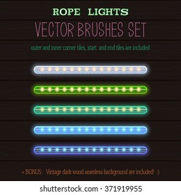 LED Rope Lights style vector pattern brushes set  with outer and inner corner tiles, end and start tiles, are located in the Brush panel of this EPS file.