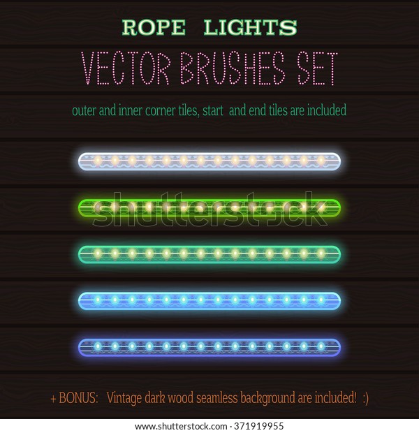 LED Rope Lights style vector pattern
brushes set  with outer and inner corner tiles, end and start
tiles, are located in the Brush panel of this EPS
file.