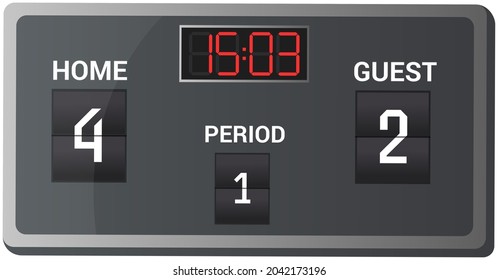 LED scoreboard with indicators for sport games. Illustrated on gray background with time and result display. Digital timer shows score in sports match in championship and tournament, graphic board