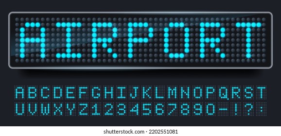 Led screen font. Digital sign board letters and numbers, scoreboard display alphabet and terminal dotted text vector set. Illustration of screen led display, scoreboard font svg