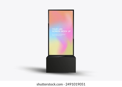 A LED Screen Mockup in 3Ds of Realistic screen light box. LED screen mock-up on collorful with a sleek, black frame on white background