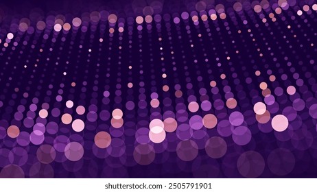 LED Screen Panel with Depth Of Field Effect. Abstract Technology Futuristic Digital Purple Glowing Circles on Dark Background. High Tech or Science Research Presentation Backdrop. Vector Illustration.