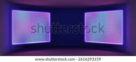 LED screen panels with blue and purple light, dotted pixel pattern on illuminated digital display. Bright neon halftone texture for concert stage backdrop, night club interior decoration or video wall