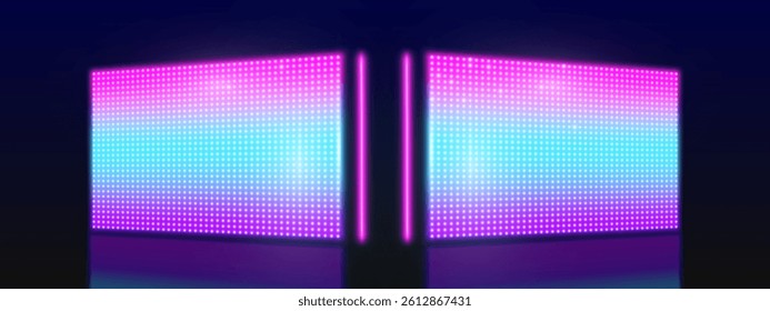 LED screen panels set glowing on dark background - large stadium or stage displays shining with bright blue purple light. Blank digital billboards or empty advertising lightboxes. Vector design mockup