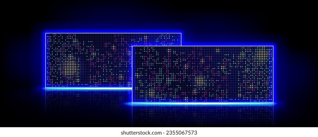 Fondo de la etapa de visualización de la luz del píxel de la pantalla plana. Patrón de rejilla del monitor de neón azul. Resumen de diseño de tecnología brillante. Espectáculo multimedia de performance virtual para entretenimiento en fiestas disco.