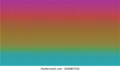 Led screen texture. Pixel digital background. Lcd monitor with dots. Electronic diode effect. Projector grid template. Colorful videowall with bulb. Television display. Vector illustration