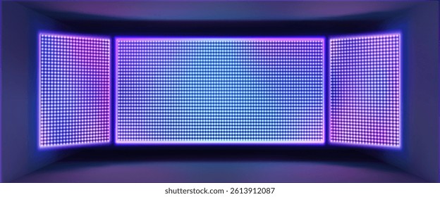 Led screen wall display glowing with bright purple and blue gradient light - large blank digital billboard panel, empty advertising lightbox mockup. Abstract neon stage technology background.