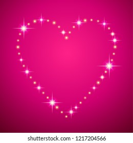 Led shining frame in the shape of a heart on pink background. Card for of St. Valentine
