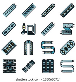 Iconos de las luces de tira de luz. Conjunto de esquemas de luces de tiras de led iconos vectoriales color de línea delgada plano sobre blanco