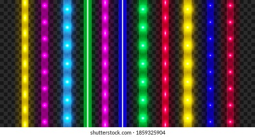 LED strip set. Colorful glowing illuminated tape decoration. Realistic neon lights