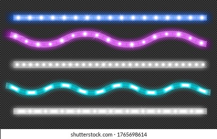 Led strips with neon light effect isolated on transparent background. Vector realistic set of colored light stripes and wavy glowing tape with blue and white lamp and diode bulbes