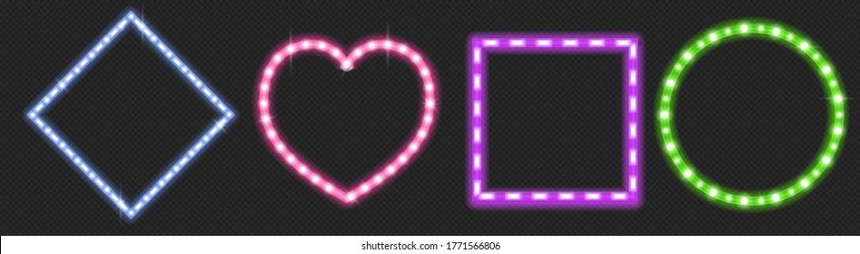 Led strips in shape of heart, circle and square with neon glow effect isolated on transparent background. Vector realistic set of colored light stripes, frames with glowing tape