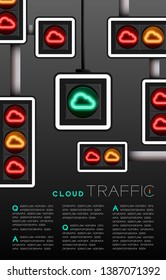 LED Traffic Light with Cloud symbol, Technology online server concept poster or flyer template layout design illustration isolated on grey gradients background with copy space, vector eps 10
