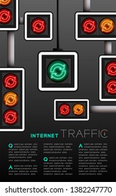 LED Traffic Light with Refresh sign icon, Data technology concept poster or flyer template layout design illustration isolated on grey gradients background with copy space, vector eps 10