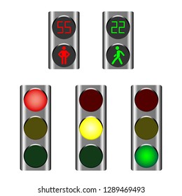 LED traffic lights showing red, amber or green lights for drivers and pedestrian lights red and green