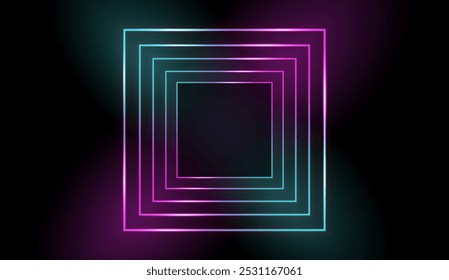 Túnel de LED. Moldura de néon quadrada. Ilustração de vetor 3D isolada em plano de fundo escuro.