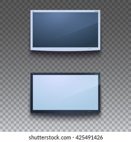 LED TV hanging on the wall with transparent background. Two colors of gadgets, for your design. LCD or LED TV screen. Blank display, mock-up of digital equipment. Vector illustration