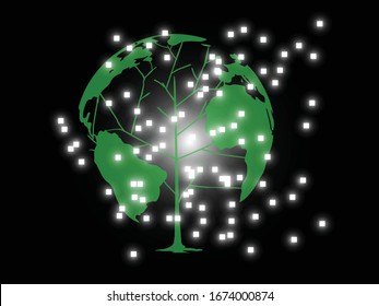 LED-Welt, Energiesparen weltweit und LED-Licht auf schwarzem Hintergrund.