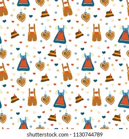 Lederhosen and Dirndl dress Oktoberfest pattern. Lebkuchenherz, flowers, hearts, Oktoberfest hat. White background. Vector seamless pattern. Bavarian Oktoberfest costumes.