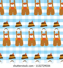 Lederhosen Oktoberfest hat, and mustache Oktoberfest seamless vector pattern. Blue and white checkered background. Bavarian Oktoberfest costume.