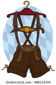 Lederhosen (traditional German male clothes) in a hanger for Oktoberfest celebration ready to be used for a manly Bavarian man.