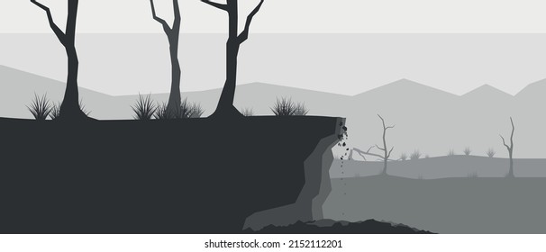 Ledge Chasm Black And White Vector Illustration.