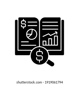 Ledger black glyph icon. Principal book or computer file for recording and totaling economic transactions measured in monetary unit. Silhouette symbol on white space. Vector isolated illustration