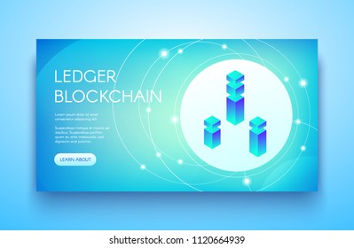 Ledger blockchain vector illustration for cryptocurrency or ICO and API technology. Digital communication server for bit coin crypto currency mining farm and platform on blue background