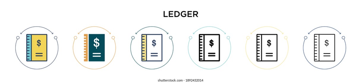 Ledger icon in filled, thin line, outline and stroke style. Vector illustration of two colored and black ledger vector icons designs can be used for mobile, ui, web