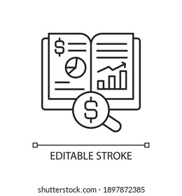 Ledger linear icon. Principal book for recording and totaling economic transactions. Thin line customizable illustration. Contour symbol. Vector isolated outline drawing. Editable stroke