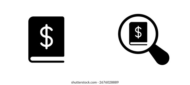 Ícone do razão e da lente de aumento para auditoria, demonstrativo, contabilidade e finanças. Ícone de vetor sólido. Eps10