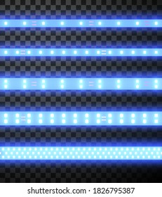 LEDs strips blue seamless horizontal pattern set. Neon illumination ribbons. Glowing lamps garlands. Electric lighting. Light-emitting diodes technology. Vector collection isolated on transparent.