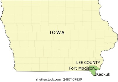 Ubicación en el mapa de Fort Madison y Keokuk en el estado de Iowa