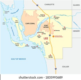 Lee County Map with Fort Myers and Cape Coral, Florida, United States