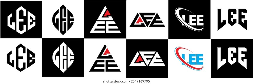 Design de logotipo de letra LEE em estilo seis. Polígono LEE, círculo, triângulo, hexágono, estilo simples e plano com logotipo de letra de variação de cor preto e branco definido em uma prancheta. Logotipo minimalista e clássico LEE