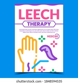 Vector de pancartas de promoción creativa de terapia de la Leech. Cartel publicitario de la campaña "Leech On Patient Hand Advertising". Suciedad sanguínea Parasitaria de Medicina Alternativa Animal Concepto Plantilla Estilo Color Ilustración