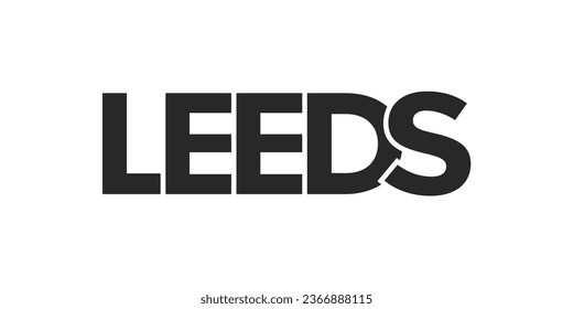 Leeds city in the United Kingdom design features a geometric style vector illustration with bold typography in a modern font on white background.