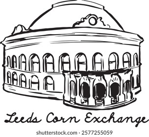 Leeds Corn Exchange, Leeds, England black and white ink sketch. Iconic Victorian building with unique dome and stunning architectural details. Historic landmark illustration. Tourism, travel