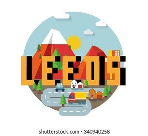 Leeds in England is Beautiful city to visit on holiday, vector cartoon illustration