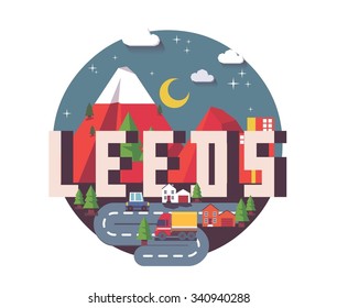 Leeds in England is Beautiful city to visit on holiday, vector cartoon illustration