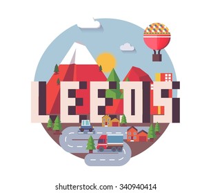 Leeds in England is Beautiful city to visit on holiday, vector cartoon illustration