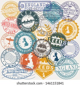 Leeds England Set of Stamps. Travel Stamp. Made In Product. Design Seals Old Style Insignia.