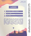 Leeds, England vector infographics, brochure layout. Guide, leaflet, flyer, advertising graphic template with text, information, UK city skyline shape. Page, festival, cover mock up image