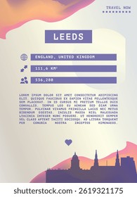 Leeds, England vector infographics, brochure layout. Guide, leaflet, flyer, advertising graphic template with text, information, UK city skyline shape. Page, festival, cover mock up image
