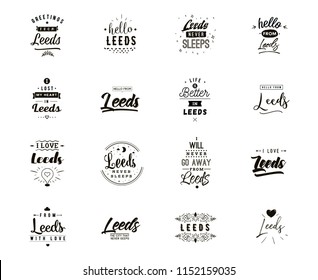 Leeds. Greeting cards, vector design. Isolated logos. Typography set.