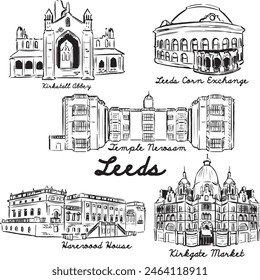 Leeds landmarks sketch. Kirstall Abbey, Leeds Corn Exchange, Temple Newsam, Harewood House, Kirkgate Market ink illustrations. Architecture minimal drawings in black and white. Isolated on white. 