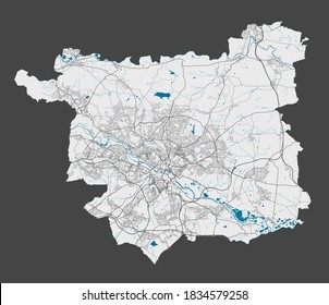 Leeds map. Detailed map of Leeds city administrative area. Cityscape panorama. Royalty free vector illustration. Outline map with highways, streets, rivers. Tourist decorative street map.